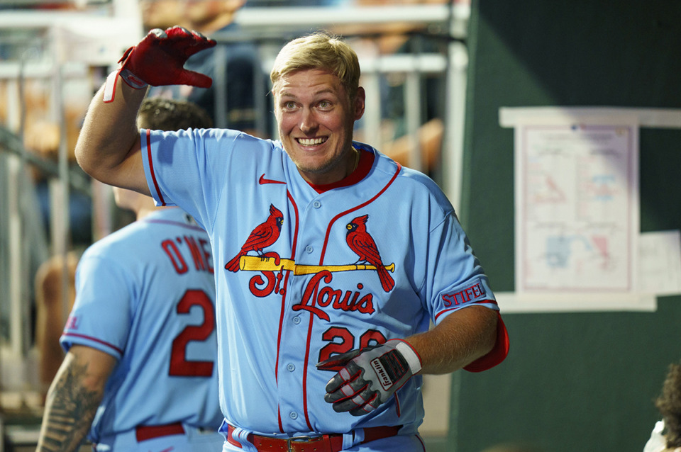 <strong>Luken Baker reacts to his solo home run during the&nbsp;St. Louis Cardinals' game against the Philadelphia Phillies Aug. 26, 2023, in Philadelphia. Memphis Redbirds&rsquo;&nbsp;Baker played briefly for the Cardinals last season.</strong> (Chris Szagola/AP Photo file)