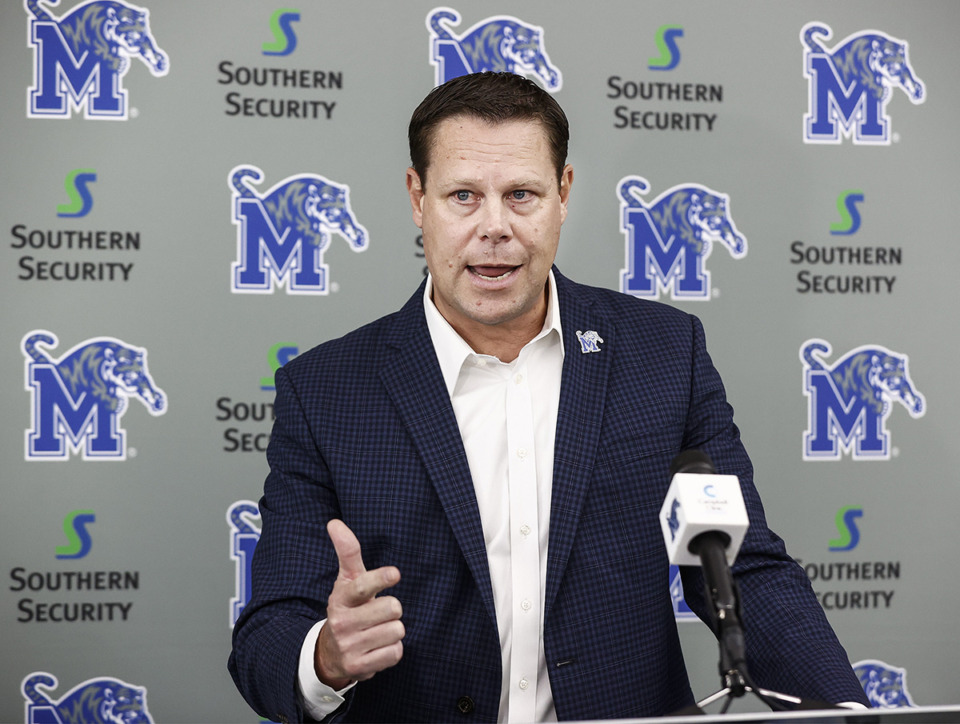 <strong>University of Memphis Athletic Director Laird Veatch speaks during a press conference on Aug. 28, 2023.</strong>&nbsp;<strong>Veatch will be leaving Memphis to go to Missouri, ESPN college football writer Pete Thamel reported Monday, April 22.</strong> (Mark Weber/The Daily Memphian file)