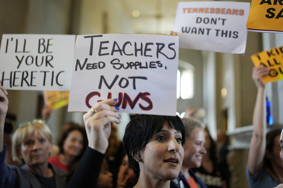 <strong>People protest outside the House chamber after legislation passed that would allow some teachers to be armed in schools during a legislative session Tuesday, April 23, 2024, in Nashville, Tenn.</strong> (AP Photo/George Walker IV)