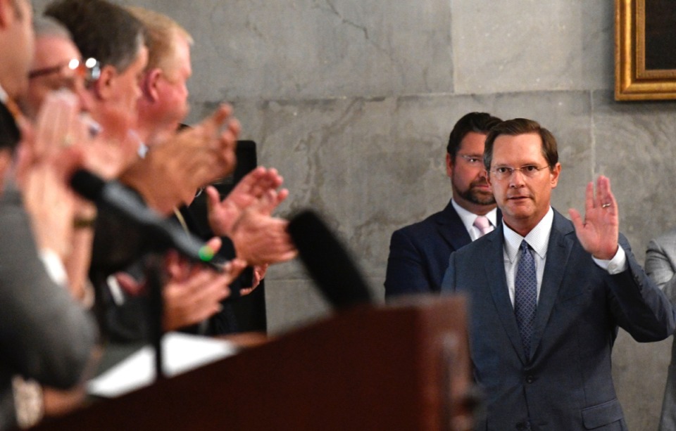 <strong>State Rep. Cameron Sexton (right) is congratulated after winning the Republican nomination as Speaker of the House during a Republican Caucus meeting in the Old Supreme Court Chambers on the first floor of the Capitol, Wednesday, July 24, 2019, in Nashville.</strong> (Larry McCormack/The Tennessean via AP)