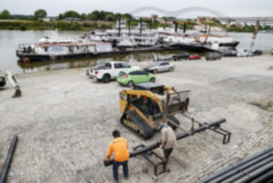 <strong>Construction continues on the cobblestones on the banks of the Mississippi River April 25.</strong> (Mark Weber/The Daily Memphian)