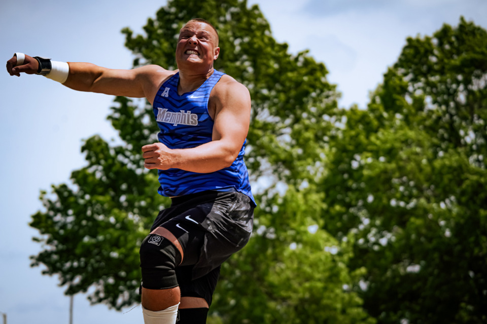 <strong>Sascha Salesius Schmidt threw a program-record 19.39 meters at the annual Memphis Tiger Invitational on Saturday, April 27.</strong> (Courtesy Brock Busick/Memphis Athletics)