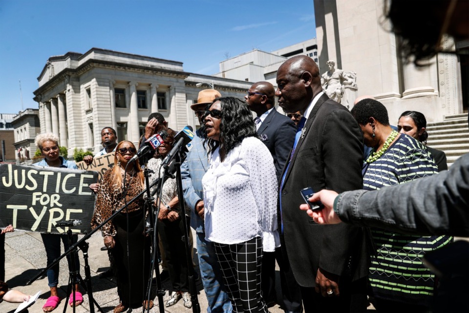 <strong>RowVaughn Wells, (middle) mother of Tyre Nichols, speaks to the media on Wednesday, April 19, 2023, after announcing a $550 million civil lawsuit against the City of Memphis, Memphis Police Department, and individual officers for the January 2023 death of Nichols.</strong> (Mark Weber/The Daily Memphian file)