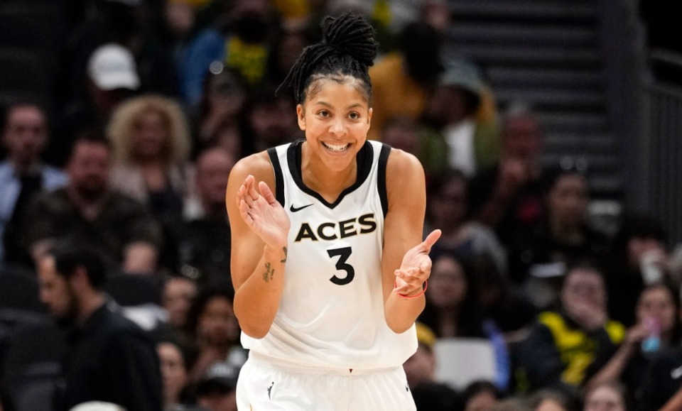 <strong>Las Vegas Aces forward Candace Parker reacts during the first half of a WNBA basketball game against the Seattle Storm, May 20, 2023, in Seattle. The three-time WNBA champion has announced she's retiring. Parker, a two-time league MVP, announced in a social media post on Sunday, April 28, 2024 that she's ending her career after 16 seasons.</strong> (Lindsey Wasson/AP file)
