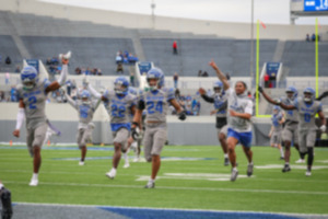 <strong>Memphis Tiger Grey Team celebrates after scoring a touchdown during the spring game at Simmons Bank Liberty Stadium on April 20, 2024 in Memphis, Tennessee.</strong> (Wes Hale/Special to The Daily Memphian)
