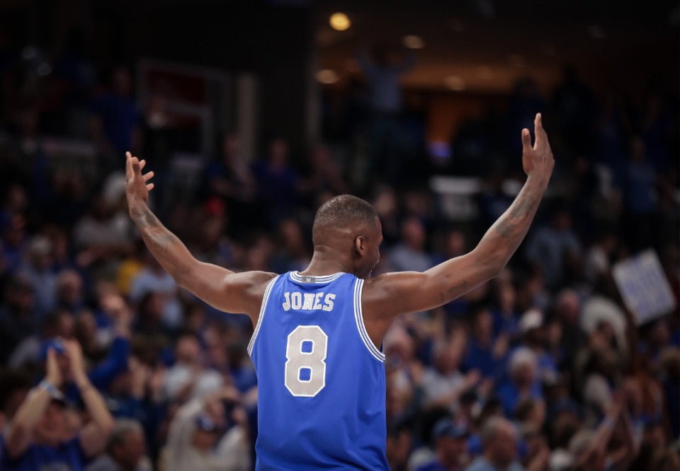 <strong>University of Memphis forward David Jones (8) tries to hype up the crowd during the second half of a March 3, 2024 game.</strong> (Patrick Lantrip/The Daily Memphian)