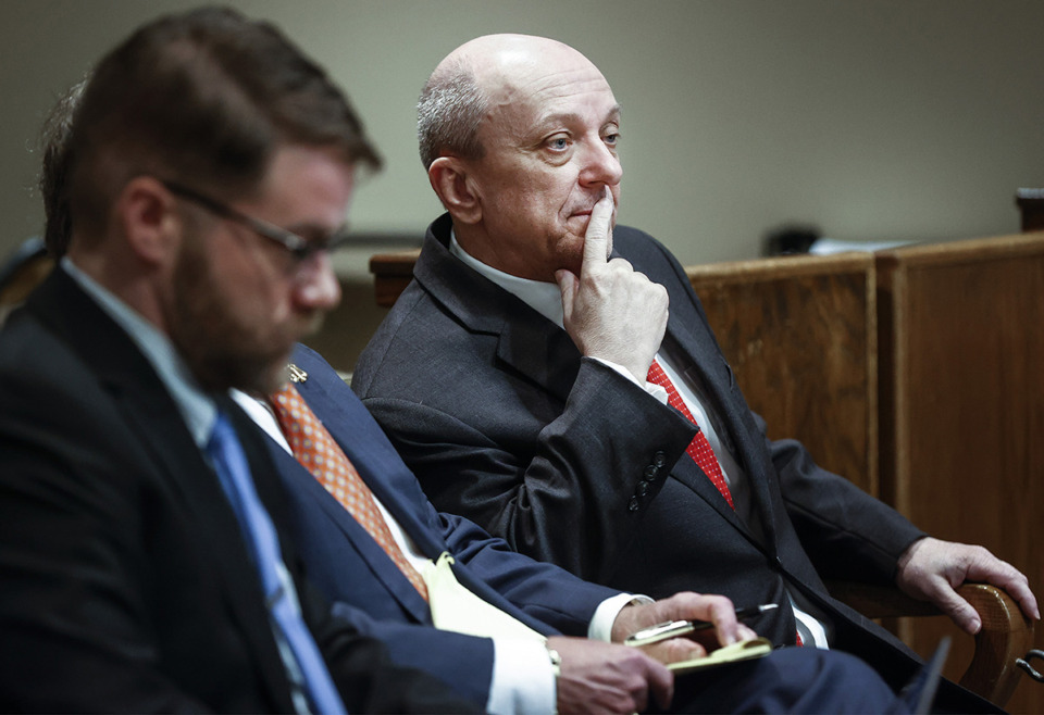<strong>Gregory Livingston (right) appears on Tuesday, April 30, 2024, in court during his trial in the death of Alvin Motley Jr.</strong> (Mark Weber/The Daily Memphian)