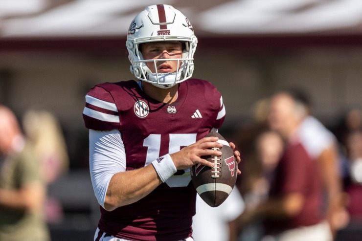 Mississippi State quarterback Jake Weir (15) had open heart surgery as a baby. Weir is a senior quarterback for the Bulldogs. (Vasha Hunt/AP Photo file)