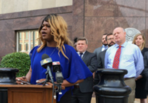 <strong>Lead plaintiff Kayla Gore speaks at a news conference outside the federal courthouse in Nashville, Tuesday, April 23, 2019. The fate of a decades-old Tennessee law that does not allow transgender people to change the sex designation on their birth certificates is in the hands of a federal appeals court.&nbsp;</strong>(Travis Loller/AP Photo file)