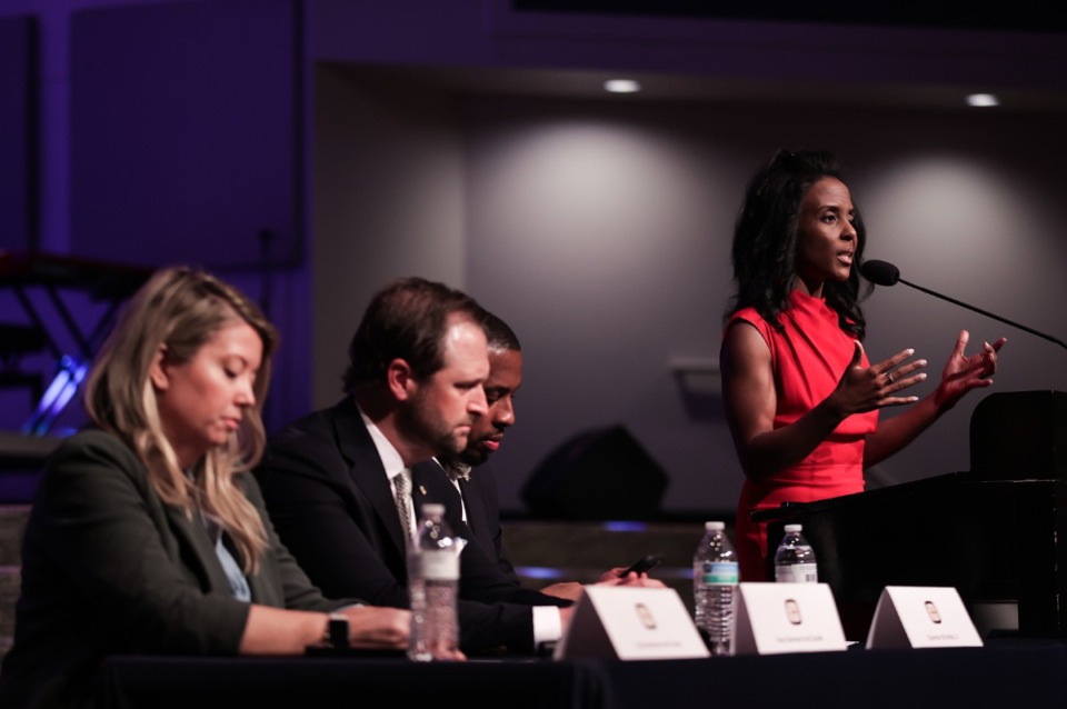 <strong>Memphis-Shelby County Schools Superintendent Marie Feagins speaks at the first of a series of meetings hosted by Memphis City Council chairman JB Smiley on the city budget and tax-hike proposal at Hope Presbyterian Church May 2, 2024.</strong> (Patrick Lantrip/The Daily Memphian)