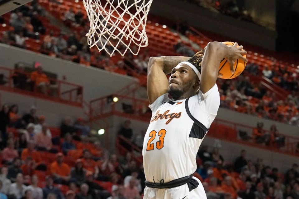 <strong>Tyreek Smith (23) goes up for a dunk while playing for Oklahoma State on Feb. 27, 2023.</strong>&nbsp;<strong>Smith played last season at SMU and announced Thursday, May 2 that he has committed to play next season for the Memphis Tigers.</strong> (Sue Ogrocki/AP file)