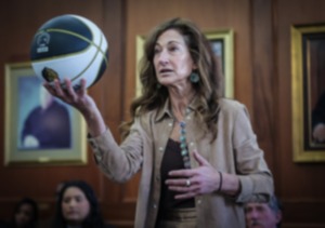 <strong>Attorney Rebecca Adelman holds up a basketball while examining a witness at a hearing in Judge Carol Chumney&rsquo;s civil court on Dec. 12, 2023 in Memphis.</strong>&nbsp;(Patrick Lantrip/The Daily Memphian file)