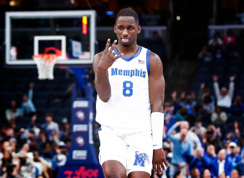 <strong>University of Memphis guard David Jones celebrates a made 3-pointer against Tulane University on Sunday, Feb. 11, 2024.</strong> (Mark Weber/The Daily Memphian file)