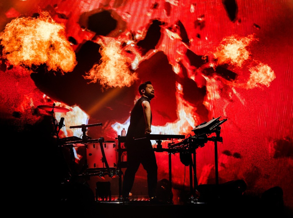 <strong>Flames and fireworks surround the Pacific Northwest electronic duo Odesza at&nbsp; Riverbeat on Friday, May 3, 2024, at Tom Lee Park.</strong> (Mark Weber/The Daily Memphian)