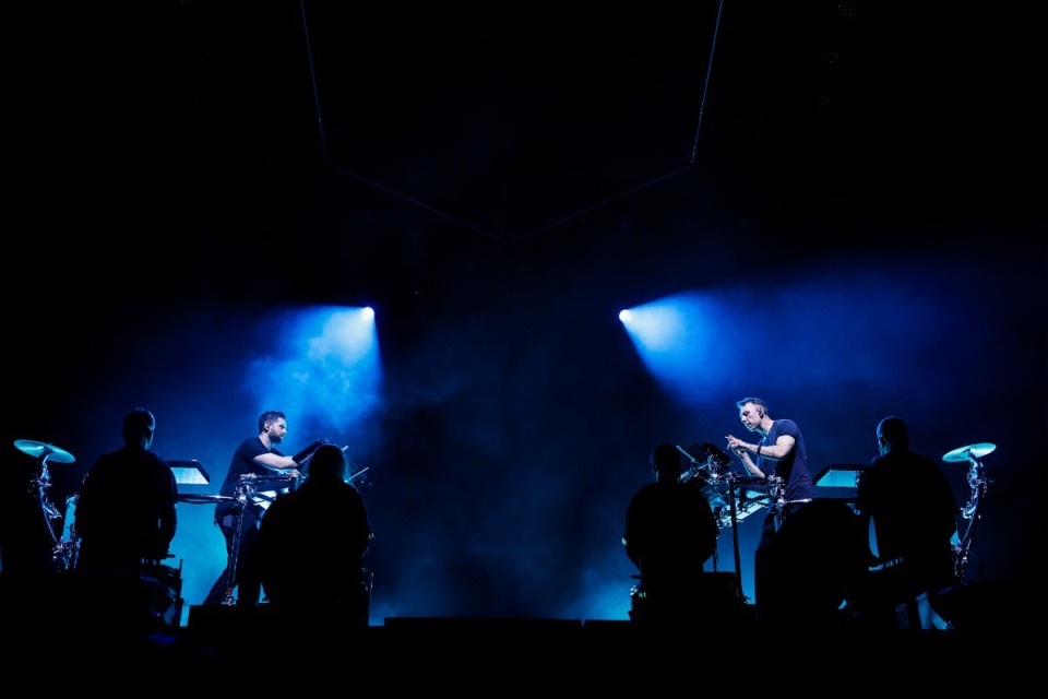 <strong>Odesza splits the dark with blue spotlights in their performance on Riverbeat&rsquo;s Stringbeat Stage Friday.</strong> (Mark Weber/The Daily Memphian)