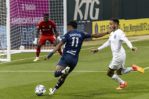 <strong>Marlon Santos attempts a shot during a 901 FC game Saturday, April 20 against Monterey Bay at AutoZone Park.</strong> (Brad Vest/Special to The Daily Memphian)