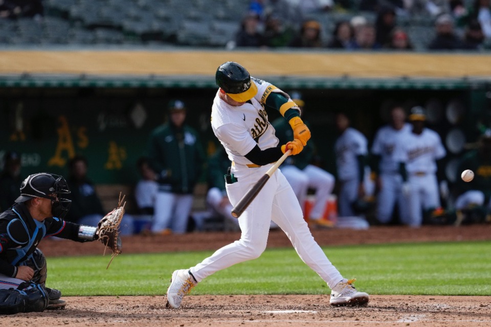 <strong>Oakland Athletics' Brent Rooker hits a three-run home run against the Miami Marlins during the third inning of a baseball game Saturday, May 4, 2024, in Oakland, Calif.</strong> (AP Photo/Godofredo A. V&aacute;squez)