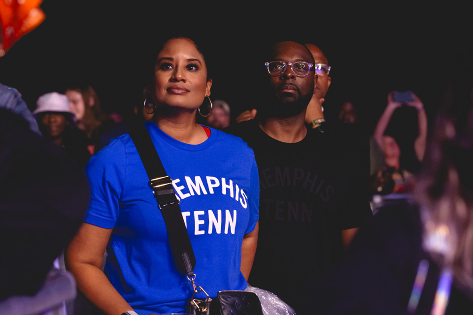 <strong>Memphis Mayor Paul Young, right, and wife Jamila Smith-Young, left, watch Big Boi and Sleepy Brown perform among the crowd during the final day of the Riverbeat Music Festival at Tom Lee Park in Downtown Memphis on Sunday, May 5, 2024.</strong> (Ziggy Mack/Special to The Daily Memphian)