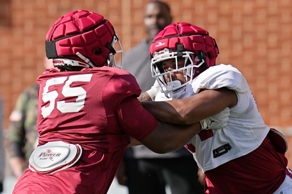 <strong>Oklahoma defensive lineman Reggie Grimes II, right, participates in a drill with offensive lineman Aaryn Parks (55) during an NCAA college football spring practice, Monday, April 10, 2023, in Norman, Okla.</strong> (AP Photo/Sue Ogrocki)