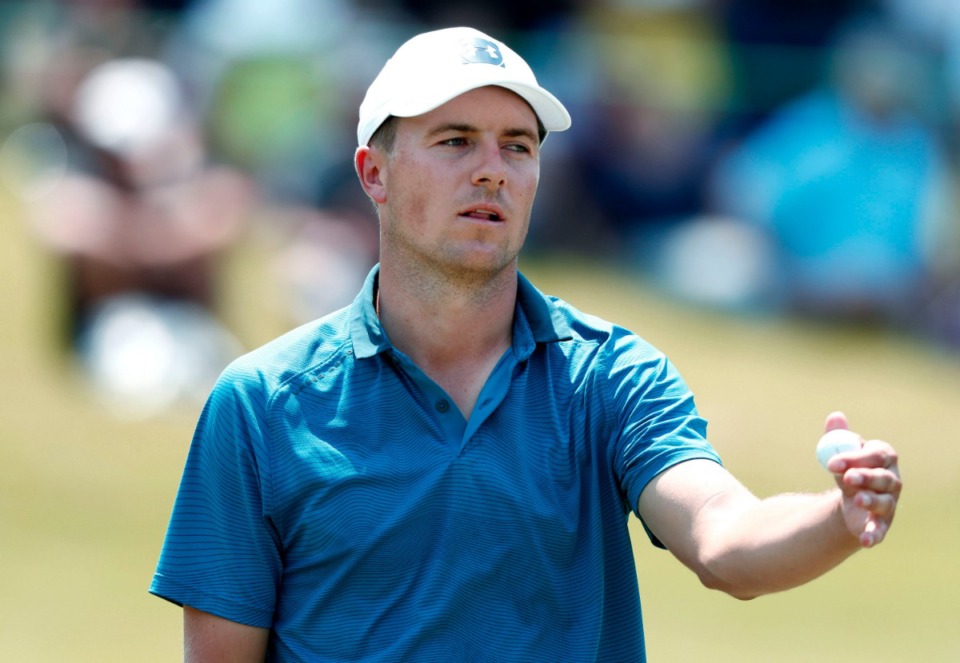 <strong>Jordan Spieth reacts after missing a putt on the ninth green during the 2019 WGC-FedEx St. Jude Invitational. Spieth finished the day tied for 18th place at 4-under par.</strong> (Houston Cofield Special To The Daily Memphian)