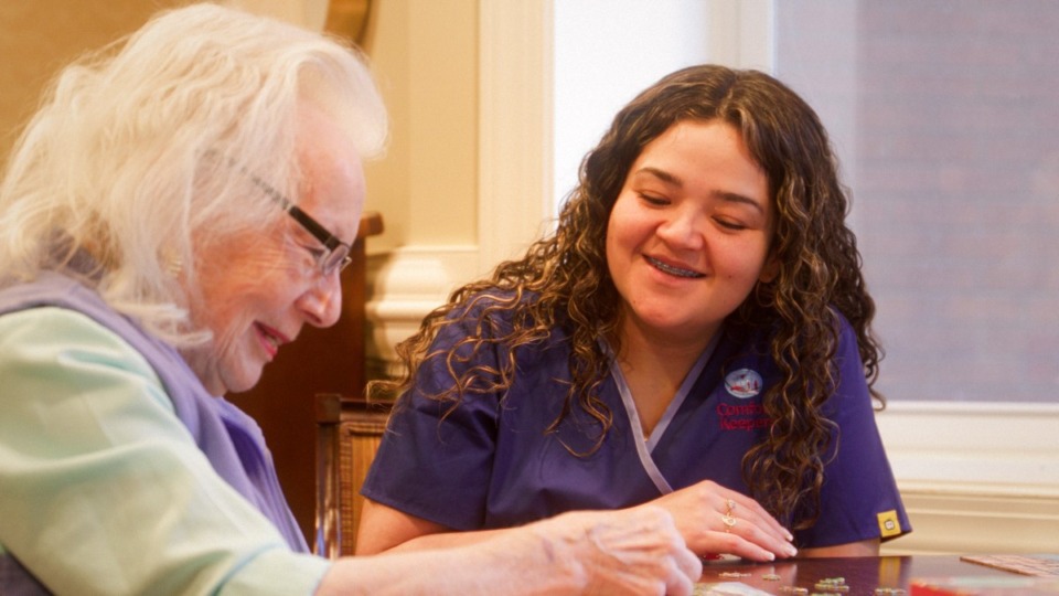 <strong>Trezevant resident Martha Wood (left) takes a break with Maria Garcia, Comfort Keepers&rsquo; full-time care coordinator who take referrals and manages the companion-care schedule, including the 15-minute appointments that begin May 6.</strong>&nbsp;(Submitted)