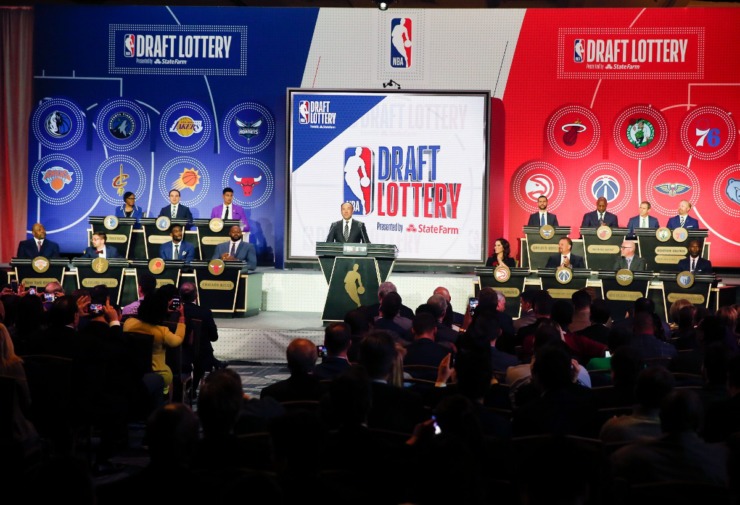 NBA Deputy Commissioner Mark Tatum gets ready to announce the order of the picks during the NBA basketball draft lottery Tuesday, May 14, 2019, in Chicago. (AP Photo/Nuccio DiNuzzo)