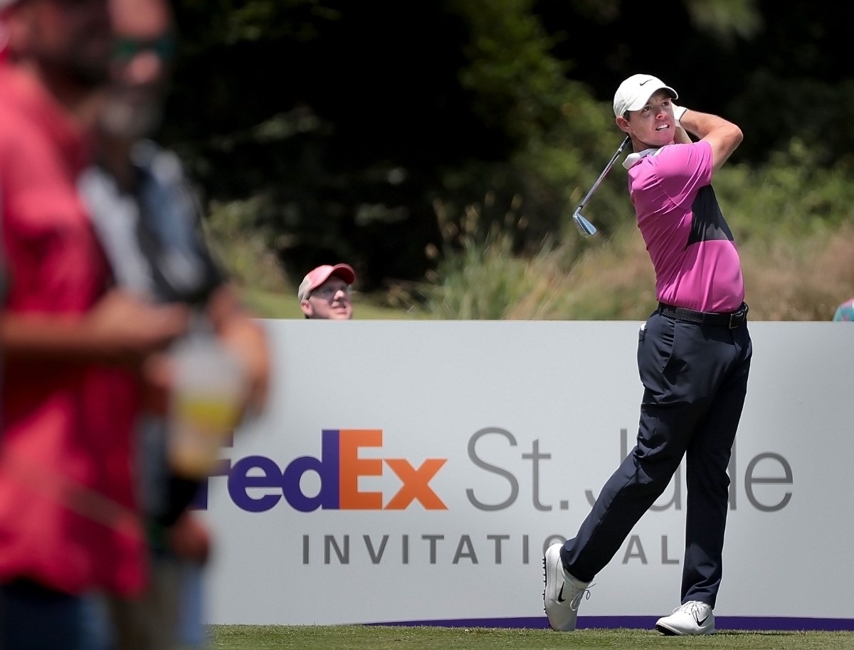 <strong>Rory McIlroy drives off the tee on the fourth hole during the third round of tournament play at the WGC-FedEx St. Jude Invitational at Southwind on July 27, 2019.</strong> (Jim Weber/Daily Memphian)