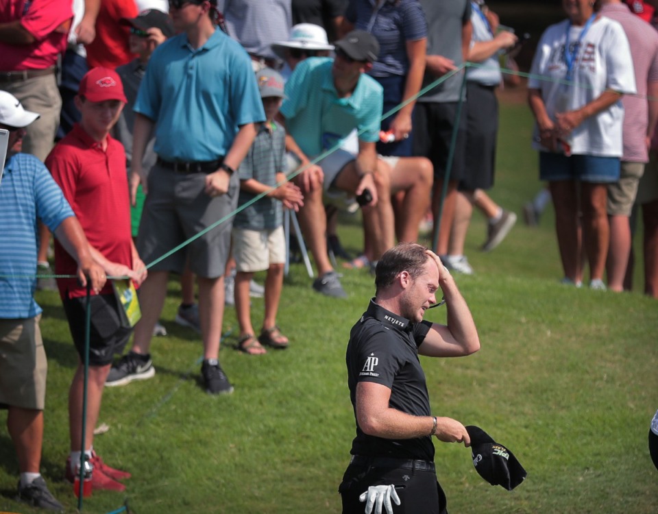 <strong>Danny Willett wipes his brow as it starts to warm up during the third round of tournament play at the WGC-FedEx St. Jude Invitational at TPC Southwind on July 27, 2019.</strong> (Jim Weber/Daily Memphian)