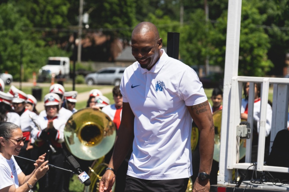 <strong>University of Memphis' Coach Penny Hardaway, who graduated from Treadwell High, visited Treadwell Park during a May 11 unveiling of the sports court.</strong> (Ben Owens/Special to The Daily Memphian)