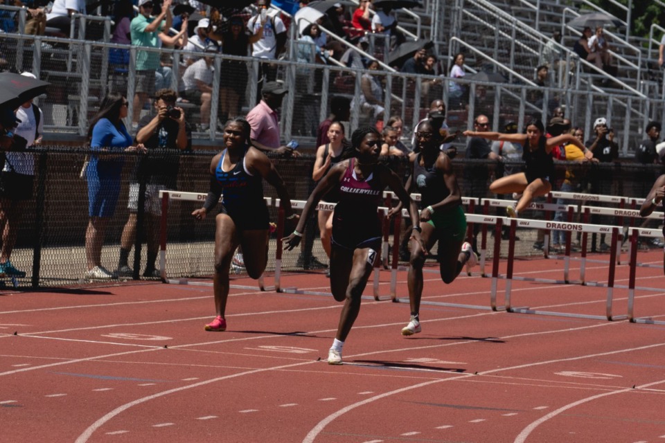 <strong>Collierville's Khari Webb wins the girls 100-meter hurdles race during the Section 4-AAA track meet at Collierville High School.</strong> (Ben Owens/Special to The Daily Memphian)