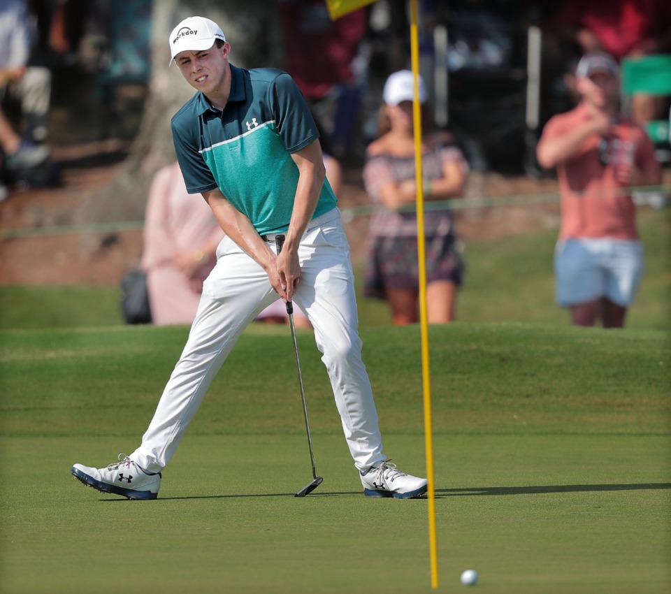 <strong>Matthew Fitzpatrick reacts to a missed birdie putt on the 18th green during the third round of tournament play at the WGC-FedEx St. Jude Invitational at TPC Southwind on July 27, 2019.</strong> (Jim Weber/Daily Memphian)