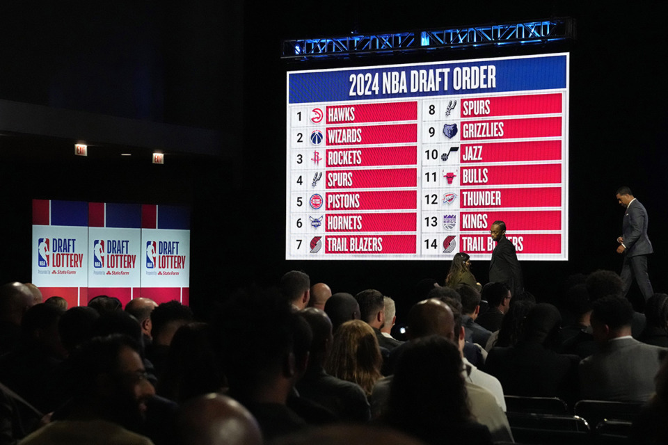 <strong>The draft lottery order sign is displayed after NBA deputy commissioner Mark Tatum announced that the Atlanta Hawks have won the first pick in the NBA basketball draft during the draft lottery in Chicago, Sunday, May 12, 2024. Memphis Grizzlies will have ninth pick.</strong> (Nam Y. Huh/AP Photo)
