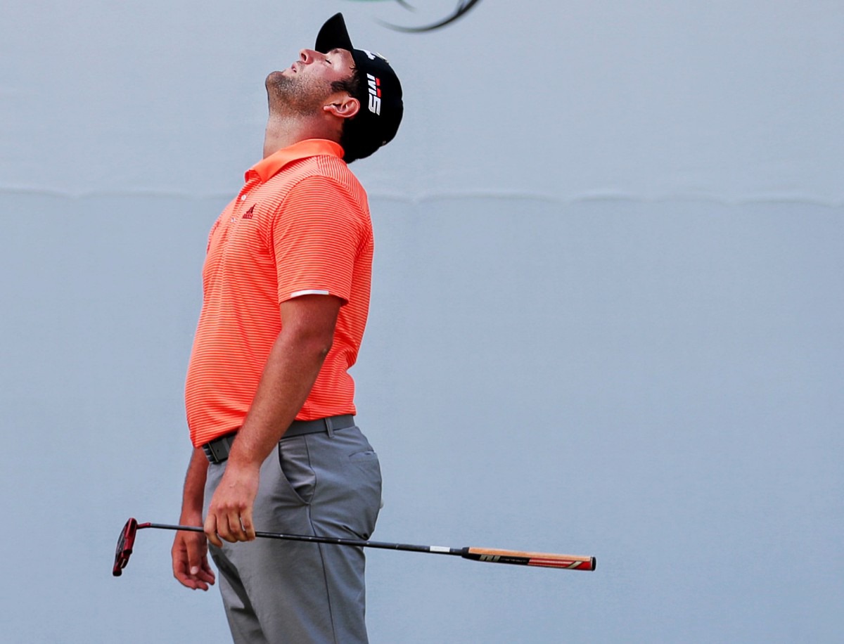 <strong>Jon Rahm reacts to a missed putt on the 17th hole during the third round of tournament play at the WGC-FedEx St. Jude Invitational at TPC Southwind on July 27, 2019.</strong> (Jim Weber/Daily Memphian)