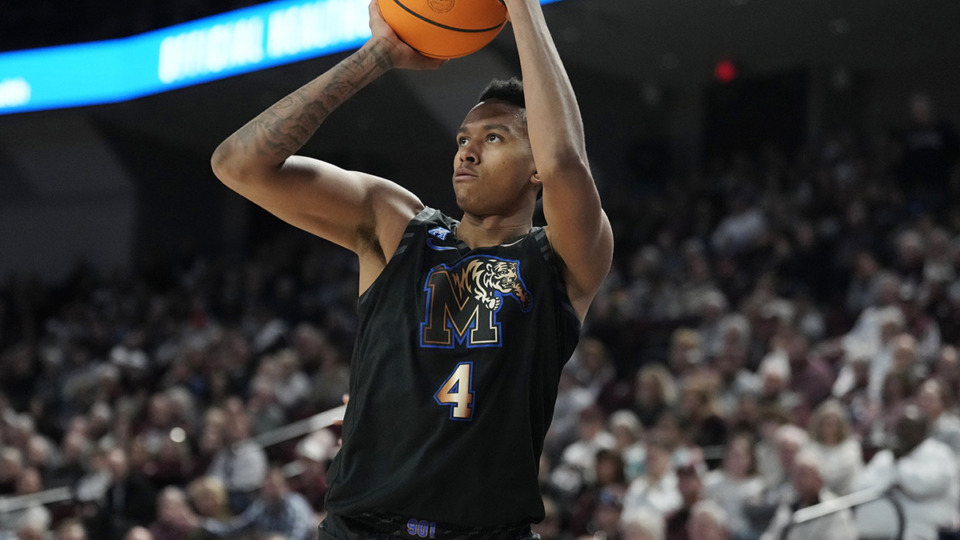 <strong>Memphis forward Ashton Hardaway (4) shoots a three point shot against Texas A&amp;M during the second half of an NCAA college basketball game Sunday, Dec. 10, 2023, in College Station, Texas.</strong> (Sam Craft/AP Photo file)