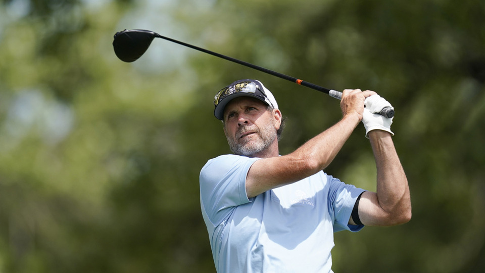 <strong>Doug Barron hits off the third tee during the final round of the PGA Tour Champions Principal Charity Classic golf tournament June 6, 2021, in Des Moines, Iowa. Barron won the 2024 Regions Tradition on Sunday, May 12, 2024.</strong> (Charlie Neibergall/AP Photo file)