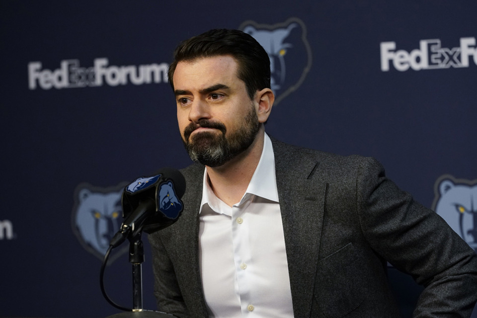 <strong>Memphis Grizzlies general manager Zach Kleiman responds to questions during the NBA basketball team's media day in Memphis on Oct. 2, 2023. Kleiman did not answer questions after the 2024 NBA Draft Lottery.</strong> (George Walker IV/AP file)