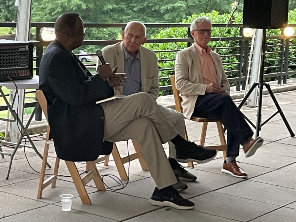 <strong>Buddy Chapman, former Memphis Police Department director (middle), discusses a memoir he co-wrote with CrimeStoppers director David Wayne Brown (right). Otis Sanford, columnist for The Daily Memphian, moderated the discussion on &ldquo;Call Me Director: Memoir of a Police Reformer.&rdquo;</strong> (Julia Baker/The Daily Memphian)