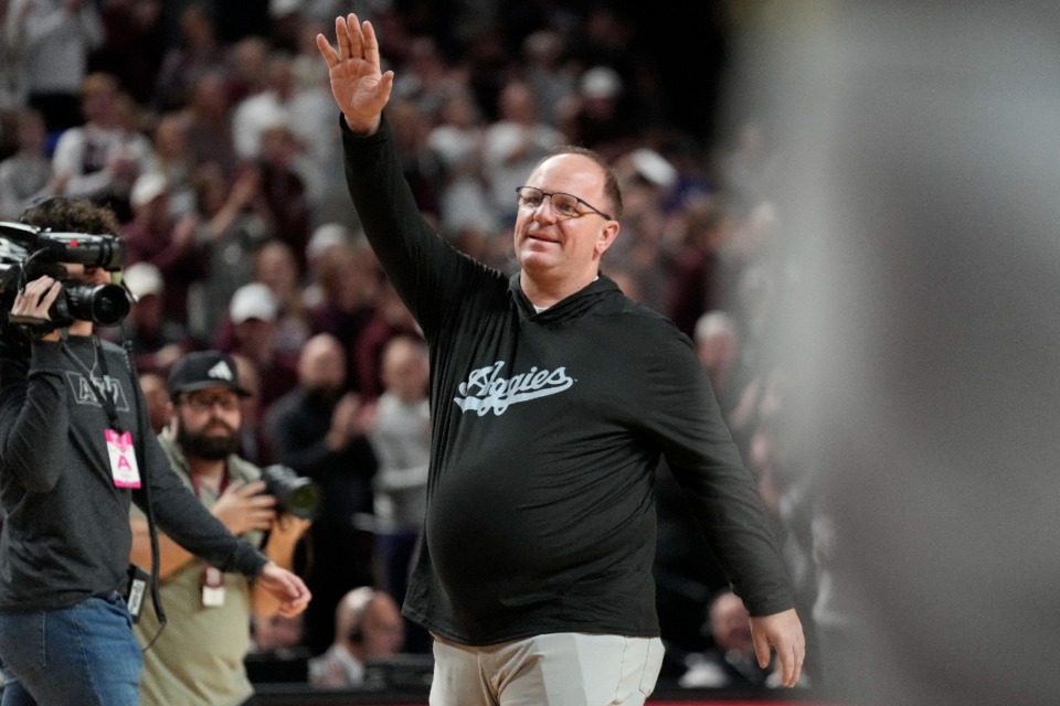 <strong>Texas A&amp;M head football coach Mike Elko waves to the crowd at Reed arena during an NCAA college basketball game between Texas A&amp;M and Kentucky on Saturday, Jan. 13, 2024, in College Station, Texas.</strong>&nbsp;(Sam Craft/AP Photo file)