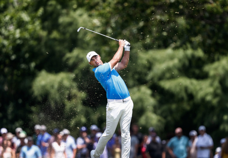 <strong>PGA golfer Brooks Koepka watches his second shot of the day head toward the first green during final-round action at the WGC-FedEx St. Jude Invitational at TPC Southwind, Sunday, July 28, 2019.</strong> (Mark Weber/Daily Memphian).