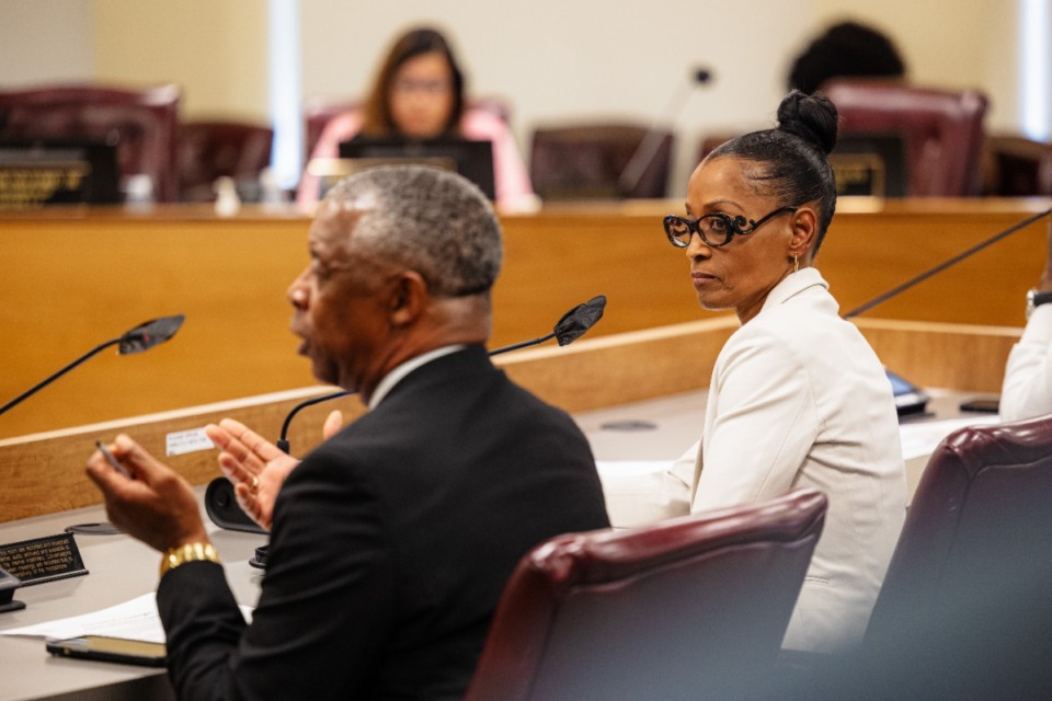 <strong>Wanda Halbert looks toward part of her team as they present to the Shelby County Board of Commissioners during a meeting May 15.</strong> (Benjamin Naylor/The Daily Memphian)