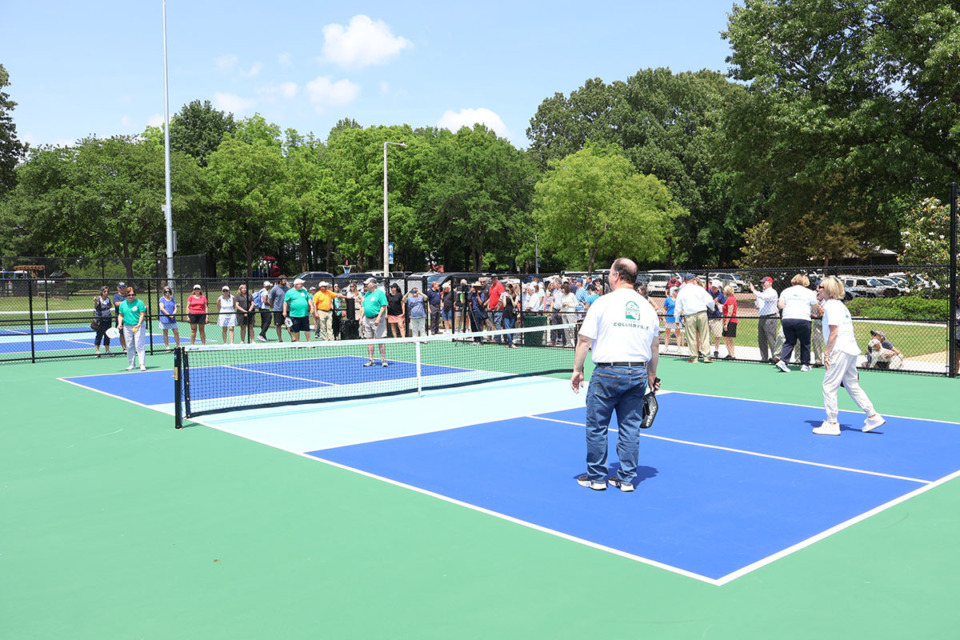 <strong>A large crowd watches Collierville leaders play pickleball. New pickleball courts at Suggs Park opened May 16.</strong> (Courtesy/Town of Collierville)