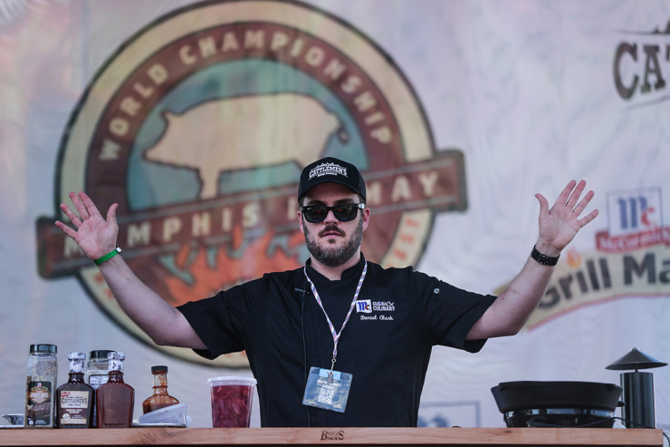 <strong>Chef Dan Clark gives a cooking demonstration for pork cowboy sushi during the third day of the Memphis in May World Championship Barbecue cooking Contest at Liberty Park May 17.</strong> (Patrick Lantrip/The Daily Memphian)