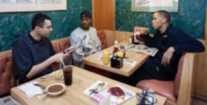 <strong>During the 2002-03 NBA season George David, left, Chauncey Billups, middle, and Tayshaun Prince, right, would have breakfast in the corner booth of the Frisch&rsquo;s Big Boy down the street from the Palace of Auburn Hills, where the Detroit Pistons played</strong><strong>.</strong> (Courtesy George David)