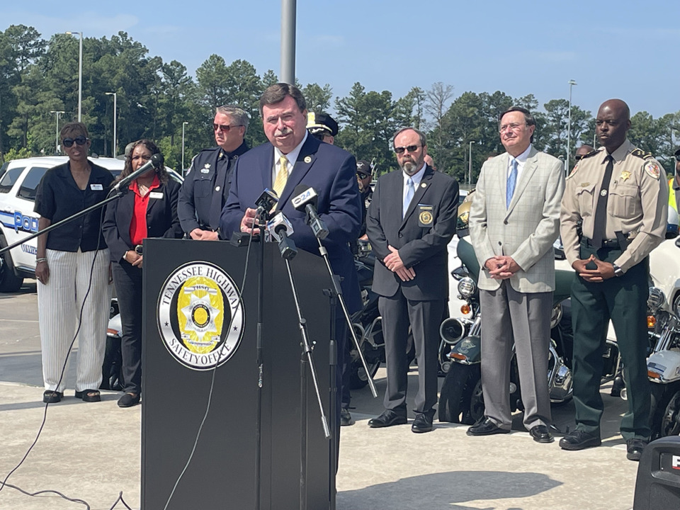 <strong>Tennessee Highway Safety Office Director Clyde &ldquo;Buddy&rdquo; Lewis speaks at a press conference with leaders from Tennessee Highway Patrol, Memphis Police Department, Shelby County Sheriff&rsquo;s Office and Collierville Police Department.</strong> (Julia Baker/The Daily Memphian)