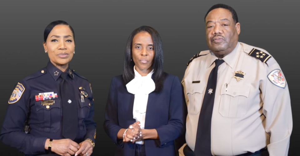 <strong>Memphis Police Department Interim Chief C.J. Davis (left), Memphis-Shelby County Schools Superintendent Marie Feagins (center) and&nbsp;Shelby County Sheriff Floyd Bonner Jr. appeared in a video released by Memphis-Shelby County Schools.</strong> (Screenshot)