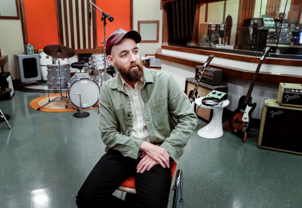 <strong>Grammy-winning producer Matt Ross-Spang sits down for a podcast with The Daily Memphian CEO Eric Barnes on Tuesday, May 21, 2024 at Southern Groove studio.</strong> (Mark Weber/The Daily Memphian)