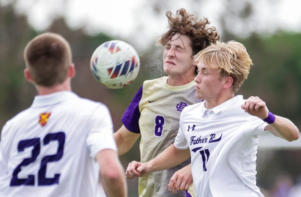 <strong>CBHS's Cullen Brummer (8) goes up for a header during a Spring Fling state championship semifinal match against Father Ryan in Murfreesboro, Tennessee, May 22, 2024.</strong> (Patrick Lantrip/The Daily Memphian)