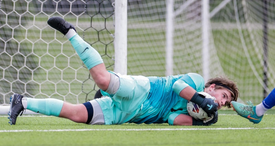 <strong>Lausanne goalie Levi Dorsey (1) makes a diving save during a Spring Fling state championship semifinal match against Boyd Buchanan in Murfreesboro, Tennessee, May 22, 2024.</strong> (Patrick Lantrip/The Daily Memphian)