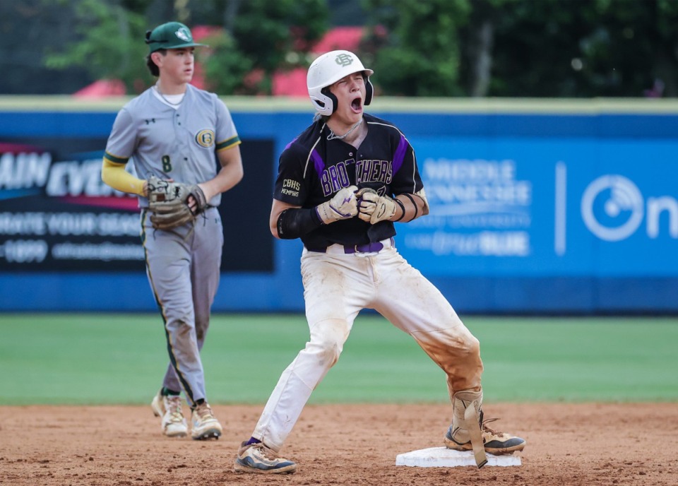 <strong>CBHS' Will Brick celebrates a double during the Spring Fling Division II Class AA championship game against Briarcrest in Murfreesboro, Tennessee, May 23, 2024.</strong> (Patrick Lantrip/The Daily Memphian)