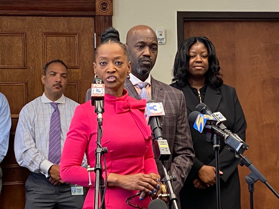 <strong>Wanda Halbert speaks to the media on Tuesday, May 14, 2024 with Darrell O&rsquo;Neal, her attorney standing behind her. O&rsquo;Neal argued in motions seeking to dismiss the petition&nbsp;filed earlier this month that the problems in the clerk&rsquo;s office may be matters of &ldquo;willful neglect&rdquo; but not &ldquo;willful misconduct.&rdquo;</strong> (Bill Dries/The Daily Memphian)